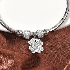 Нержавеющая Сталь Цвет 304 Браслеты с подвесками из нержавеющей стали для женщин, клевер, с 201 бисера из нержавеющей стали и полимерной глины горный хрусталь, цвет нержавеющей стали, внутренний диаметр: 1.97 дюйм (5 см) x 2.28 дюйм (5.8 см)