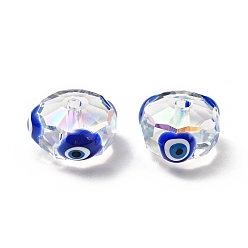 Blue Transparent Glass Beads, with Enamel, Faceted, Rondelle with Evil Eye Pattern, Blue, 10x7.5mm, Hole: 1.5mm