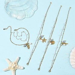 Doré  Océan 304 Bracelets de cheville en porcelaine céramique imprimés de fleurs et d'animaux marins en acier inoxydable, chaînes de cheville en perles de culture d'eau douce naturelles, blanc, or, 9-1/8 pouces (230 mm)