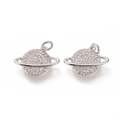 Платинированный Латунные микропаве прозрачные подвески с фианитом, долговечный, с прыжковых колец, планета, Реальная платина, 14.5x18x3 мм, Перейти кольцо: 5x1 мм, 3 мм внутренним диаметром