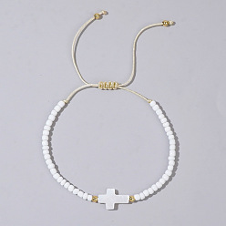 Белый Стеклянные бусины и латунные плетеные браслеты из бисера, белые ракушечные крестообразные регулируемые браслеты, белые, 11 дюйм (28 см)