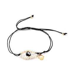 Black Adjustable Nylon Thread Braided Bead Bracelets, with 304 Stainless Steel Hamsa Hand Charms and Evil Eye Natural Freshwater Shell Beads, Evil Eye Lampwork Round Beads, Black, Inner Diameter: 1-1/2~4 inch(3.8~10.2cm)