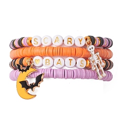 Золотой 4шт. Хэллоуин тематические браслеты ручной работы из полимерной глины и бисера, стрейч-браслеты, с подвесками в виде летучей мыши/скелета из легированной эмали и акриловыми бусинами, золотые, Внутренний диаметр: 5.5~6 cm