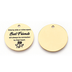 Золотой 201 подвески из нержавеющей стали, плоский круглый со словом лучшие друзья, золотые, 30x1.5 мм, отверстие : 2 мм