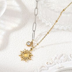 Golden & Stainless Steel Color Duo Tone 304 Stainless Steel Sun Pendant Mixed Chain Necklaces for Women, Golden & Stainless Steel Color, 15.69 inch(39.85cm)