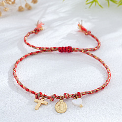 Красный Браслеты с подвесками из латуни и натуральных ракушек, регулируемые плетеные браслеты из волоконного шнура для женщин, крест и овал с Девой Марией и сердцем, красные, внутренний диаметр: 11 дюйм (28 см)