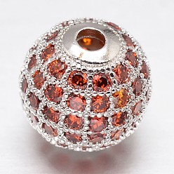 Платина CZ латунные микро проложить кубического циркония круглых бусин, платина, 8 мм, отверстие : 2 мм