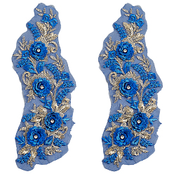 Синий Аппликации из полиэфирного кружева с вышивкой, швейные принадлежности, со стразами, цветок, синие, 280x100x6 мм