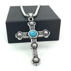Нержавеющая Сталь Цвет Старинные ожерелья с крестом из нержавеющей стали с паве из синтетической бирюзы, цвет нержавеющей стали