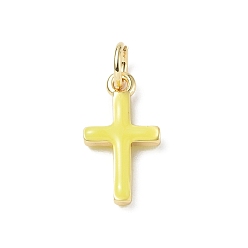 Желтый Настоящие 18k позолоченные экологически чистые подвески из латуни с эмалью, долговечный, с прыжковых колец, без свинца и без кадмия, крест очарование, желтые, 15x8x3 мм, отверстие : 3.4 мм