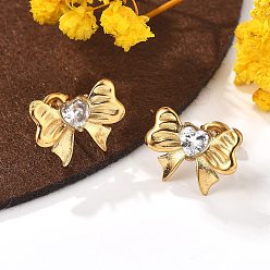 Настоящее золото 18K 304 Серьги-гвоздики из нержавеющей стали с прозрачным фианитом и микропаве, бантом, реальный 18 k позолоченный, 12x16 мм