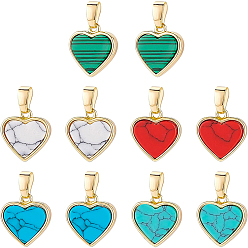 Gemischte Stein 10Stück 5Stile echt 18K vergoldete Messinganhänger, mit synthetischem Malachit oder Türkis, Cadmiumfrei und Nickel frei und Bleifrei, Herz, 12x11.5x3 mm, Bohrung: 2.5x5 mm, 2 Stück / Stil