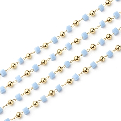 Небесно-голубой Ручной цепи стекло бисером, пайки, с латунной фурнитурой , с катушкой, долговечный, золотые, кубические, голубой, 3~3.2x3~3.2x3~3.2 мм, 3 мм, около 32.8 футов (10 м) / рулон