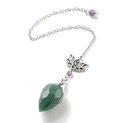 Зеленый Авантюрин Биолокационные маятники из натурального зеленого авантюрина в виде капельки, с лотосом из сплава чакры и фурнитурой из латуни с покрытием стойки, 246 мм, отверстие : 1.5 мм