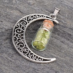 Перидот Колонка стеклянная бутылка с перидот внутри подвески, с фурнитурой из лунного сплава и 304 фурнитурой из нержавеющей стали, 41x29x10 мм, отверстие : 7x4 мм