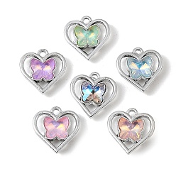 Platino Colgantes de vidrio de aleación de chapado uv, Mariposa en un dije de corazón, facetados, color mezclado, Platino, 16.5x16x5 mm, agujero: 1.6 mm