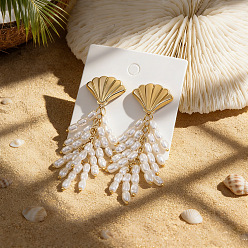 Shell Shape Серьги-гвоздики из сплава с пластиковыми жемчужинами и кисточками, золотые, формы раковины, 70x22 мм