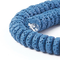 Steel Blue Natural Lava Rock Beads Strands, Dyed, Flat Round/Disc, Steel Blue, 8~8.5x3~4mm, Hole: 2mm, about 62 pcs/Strand, 7.87 inch(20 cm)