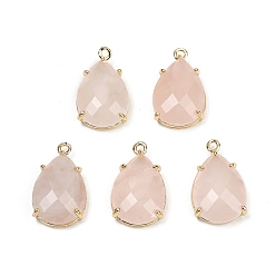 Розовый Кварц Ограненные подвески из натурального розового кварца, покрытие стойки латунные подвески-капли, золотые, 22x13x6 мм, отверстие : 1.6 мм