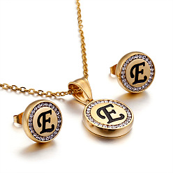 Letter E Плоский круглый с буквенным узором 304 ожерелье с подвеской из нержавеющей стали и серьгами-гвоздиками, золотые, Письмо E, 450 мм