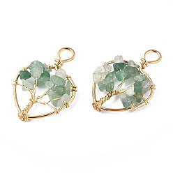 Зеленый Авантюрин Естественный зеленый авантюрин подвески, золотистая латунная проволока, дерево, сердце, 37~38.5x26~27x5.5~7.5 мм, отверстие : 4 мм