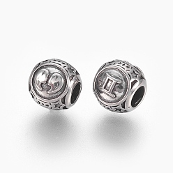 Античное Серебро 316 европейские бусины из хирургической нержавеющей стали, бусины с большим отверстием, Рондель с созвездиями Близнецов, античное серебро, 10x9 мм, отверстие : 4 мм