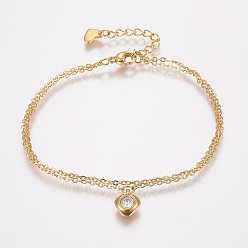 Crystal 304 Stainless Steel Cable Chain Bracelets, Multi-strand Bracelets, with Rhinestone, Lobster Claw Clasps, Golden, Crystal, 7-1/8 inch(180mm), 1.5mm