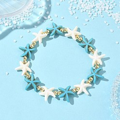 Золотой Браслеты из синтетической бирюзы и немагнитных гематитовых бусин, эластичные, для женщин и мужчин., морская звезда, разноцветные, золотые, внутренний диаметр: 2.01 дюйм (5.1 см)