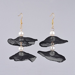 Black Organza Fabric Dangle Earrings, with Golden Plated Brass Findings and Plastic Imitation Pearl, Black, 60mm, Pin: 0.6mm