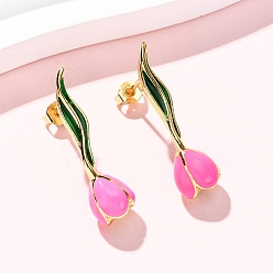 Бледно-Розовый Серьги-гвоздики из латуни, тюльпан, золотые, розовый жемчуг, 29x8 мм