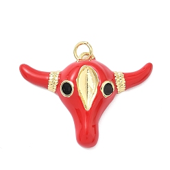 Красный Латунные подвески, прелести головы быка, с эмалью, без кадмия и без свинца, стойки покрытие, долговечный, реальный 18 k позолоченный, с целью перехода в кольце, красные, 23.5x32x6.5 мм, отверстие : 3.3 мм