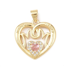 Настоящее золото 18K Латунные подвески с кубическим цирконием ко Дню матери, сердце прелести, без свинца и без кадмия, долговечный, стойки покрытие, реальный 18 k позолоченный, 20x20x4 мм, отверстие : 3.2x4.2 мм