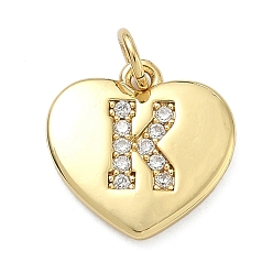 Letter K Латунные микропаве прозрачные подвески с фианитом, сердце прелести, без кадмия и без свинца, стойки покрытие, долговечный, реальный 18 k позолоченный, Письмо K, 15x15x2 мм, отверстие : 3 мм