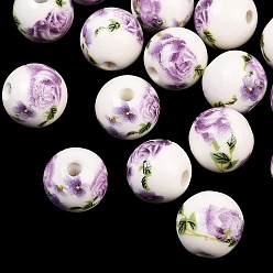 Orchid Floral Printed Porcelain Beads, Flower Patterned Ceramic Beads, Round, Orchid, 12mm, Hole: 2mm