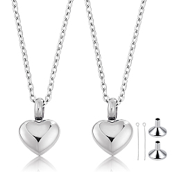 Platinum 2Pcs 304 Stainless Steel Urn Ashes Pendants, Heart Charm, 2 Sets 304 Stainless Steel Funnel, 2Pcs Unisex 2MM 304 Stainless Steel Cable Chain Necklaces, Platinum, 16.5x12x6~7mm, Hole: 5mm