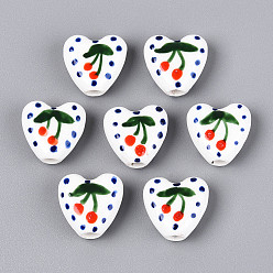 Темно-Зеленый Ручной фарфоровые керамические шарики, сердце с цветочным узором, Famille выросли стиле, темно-зеленый, 15x15x7 мм, отверстие : 3 мм