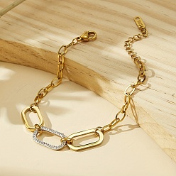 Золотой 201 трос из нержавеющей стали цепи браслеты, Браслеты-цепочки с овальными звеньями и стразами для женщин, золотые, 6.69 дюйм (17 см)