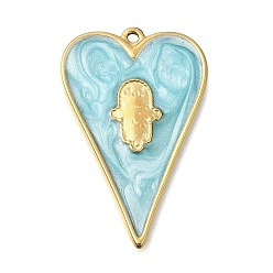 Cielo Azul 304 colgantes de esmalte de acero inoxidable, corazón con dijes de mano de hamsa, dorado, el cielo azul, 44.5x28x2.5 mm, agujero: 1.8 mm
