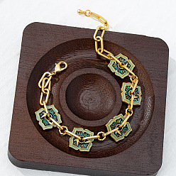 чирок Браслеты-цепочки из латуни с эмалью, браслеты-цепочки для женщин, цветок, золотые, зелено-синие, 9-1/8 дюйм (23 см)