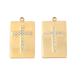 Crystal 304 Stainless Steel Rhinestone Pendants, Rectangle with Cross Pattern Charms, Ion Plating(IP), Real 18K Gold Plated, Crystal, 22x13x1.5mm, Hole: 1.5mm