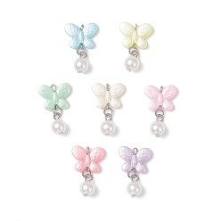 Нержавеющая Сталь Цвет Непрозрачные акриловые подвески бабочки, с 304 двойными петлями из нержавеющей стали и пластиковой имитацией жемчуга, цвет нержавеющей стали, 28x17x8 мм, отверстие : 2.5 мм