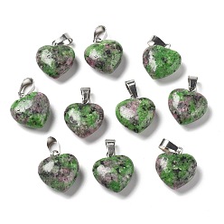 Рубин В Цоизита Натуральный рубин в цоизита подвесками, с петлями из платиновой латуни, сердце, 18~19x15~15.5x7~10 мм, отверстие : 6x2.5~3 мм