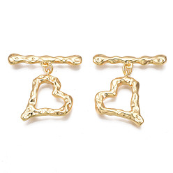 Plaqué 18K Or Véritable Laiton fermoirs toggle, sans cadmium et sans nickel et sans plomb, cœur, réel 18 k plaqué or, Longueur 29~33mm, bar: 7.5x30x3.5 mm, Trou: 1.2mm, anneau de saut: 5x1 mm, diamètre intérieur: 3 mm, anneau: 22x21.5x3.5 mm, Trou: 1.2mm