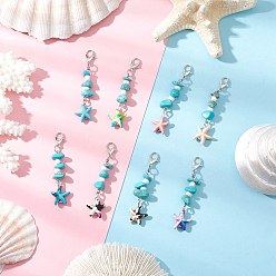 Платина Подвески в виде морских звезд из синтетической бирюзы, с цинковым сплавом застежками омаров коготь, платина, 58.5 мм, 8 шт / комплект