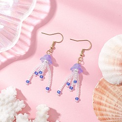 Лиловый 304 из нержавеющей стали болтаться серьги, с подвесками из плетеного стекла в виде медузы и стеклянными бусинами, золотые, сирень, 53.5x11 мм