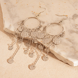 Платина Железные плоские круглые серьги-люстры с кисточками, платина, 115x45 мм