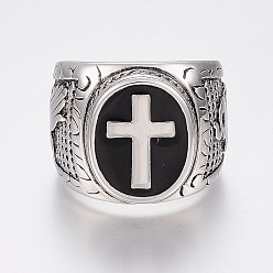 Antique Silver 304 Stainless Steel Finger Rings, with Enamel, Wide Band Rings, Cross, Antique Silver, 17~22mm