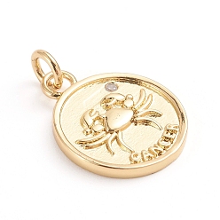 Рак Латунные микро проложить кубического циркония подвески, с целью перехода в кольце, плоские круглые с двенадцати созвездий, прозрачные, золотые, рак, 18x14.5x1.5 мм, отверстие : 3 мм