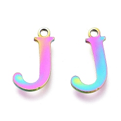 Letter J Ионное покрытие (ip) 304 брелоки из нержавеющей стали, лазерная резка, алфавит, Радуга цветов, letter.j, 12x6.5x0.8 мм, отверстие : 1 мм