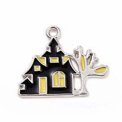 Платина Подвески из эмали и сплава, дом с очарованием дерева, платина, 20.5x25x1 мм, отверстие : 1.5 мм